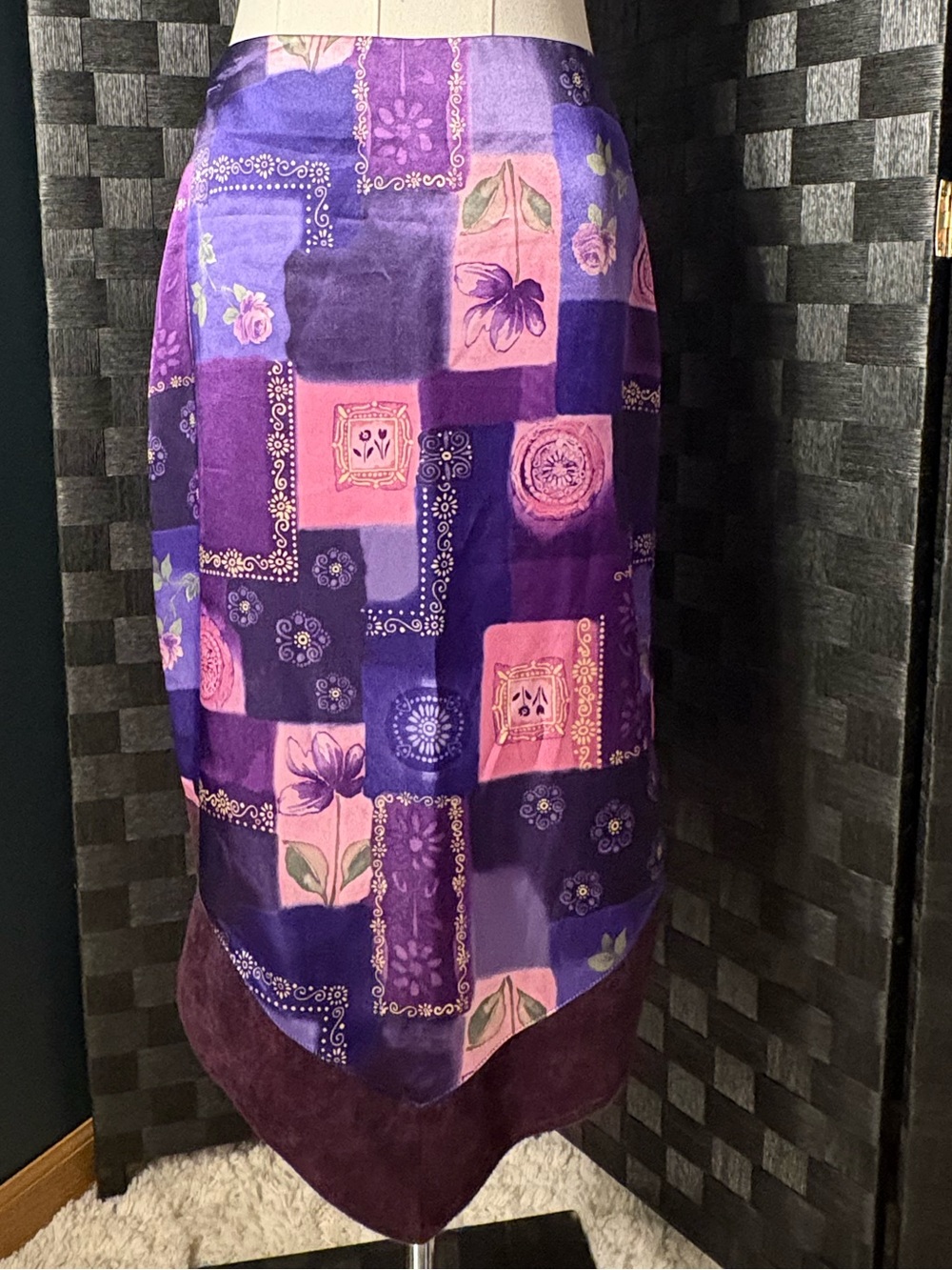 Vintage Exact Change Purple Patchwork Floral Midi Skirt Handkerchief Hem 90s Y2K